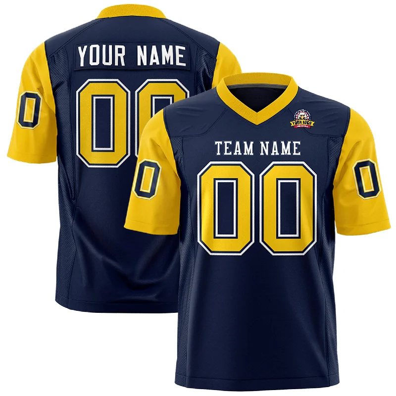 Free Design Custom Navy Gold Personalized Raglan Sleeves Design Authentic Football Jersey Free Design Custom Navy Gold Personalized Raglan Sleeves Design Authentic Football Jersey