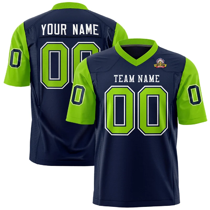 Minimal Comfort Custom Navy Neon Green Personalized Raglan Sleeves Design Authentic Football Jersey Minimal Comfort Custom Navy Neon Green Personalized Raglan Sleeves Design Authentic Football Jersey