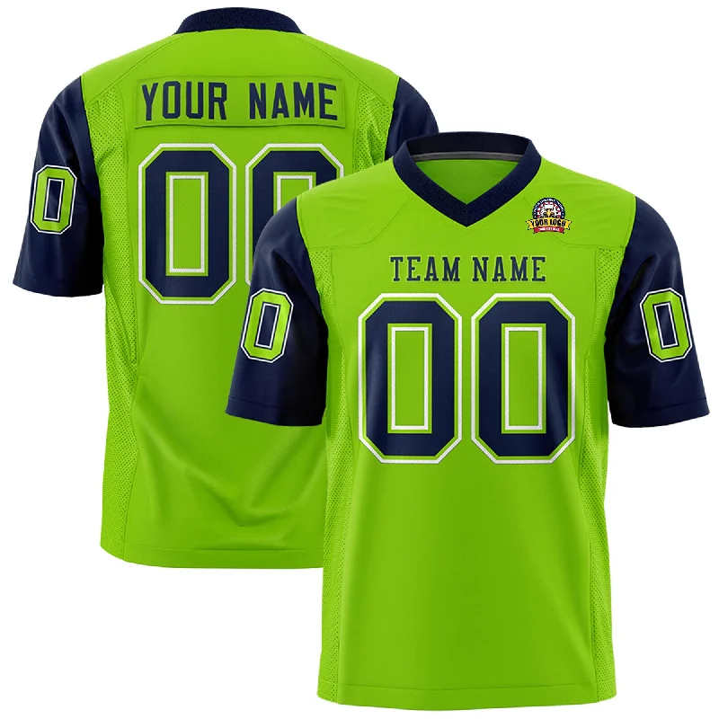 Timeless Comfort Custom Neon Green Navy Personalized Raglan Sleeves Design Authentic Football Jersey Timeless Comfort Custom Neon Green Navy Personalized Raglan Sleeves Design Authentic Football Jersey