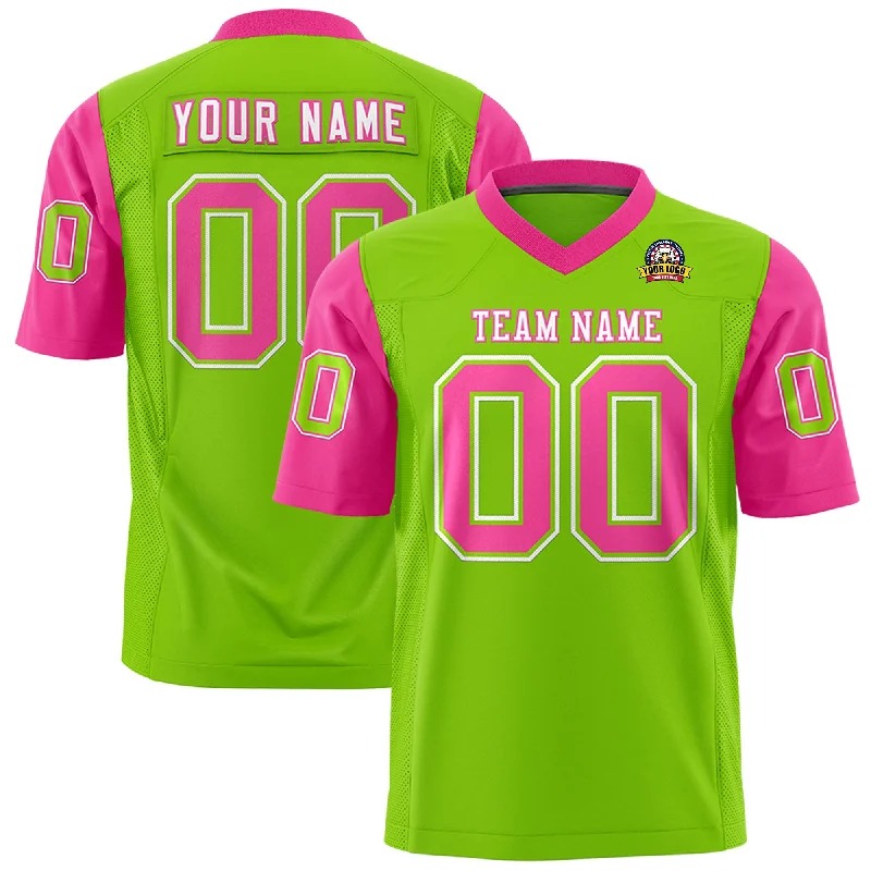 Warm Comfort Custom Neon Green Pink Personalized Raglan Sleeves Design Authentic Football Jersey Warm Comfort Custom Neon Green Pink Personalized Raglan Sleeves Design Authentic Football Jersey