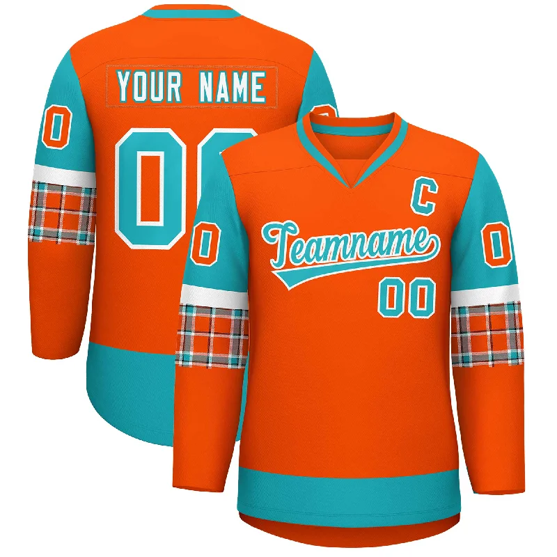 Luxury And Elegant Custom Orange Aqua-White Personalized Raglan Sleeves V-Neck Hockey Jersey Luxury And Elegant Custom Orange Aqua-White Personalized Raglan Sleeves V-Neck Hockey Jersey