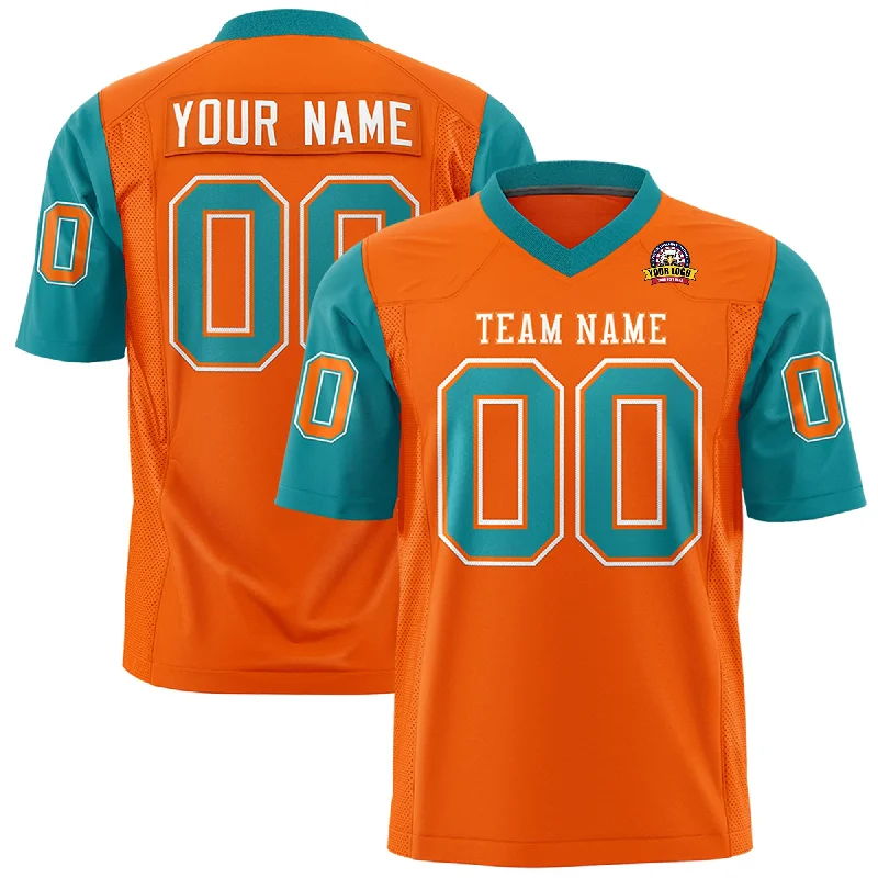 High Street Design Custom Orange Aqua Personalized Raglan Sleeves Design Authentic Football Jersey High Street Design Custom Orange Aqua Personalized Raglan Sleeves Design Authentic Football Jersey
