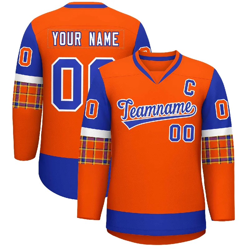 Fashionable And Versatile Custom Orange Royal-White Personalized Raglan Sleeves V-Neck Hockey Jersey Fashionable And Versatile Custom Orange Royal-White Personalized Raglan Sleeves V-Neck Hockey Jersey