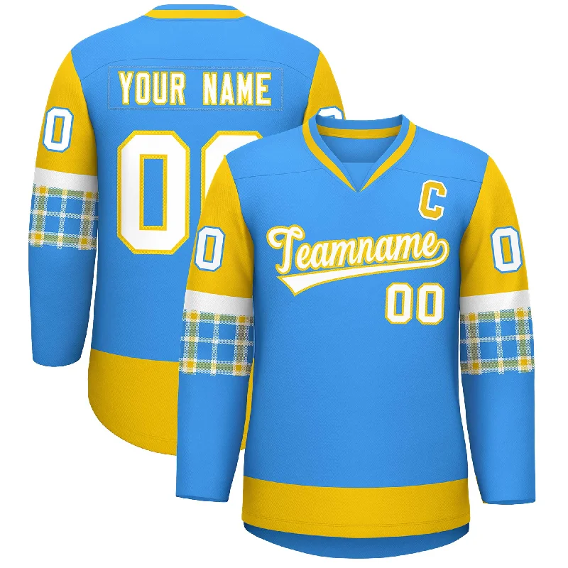 Comfort Fit Custom Powder Blue Gold-White Personalized Raglan Sleeves V-Neck Hockey Jersey Comfort Fit Custom Powder Blue Gold-White Personalized Raglan Sleeves V-Neck Hockey Jersey