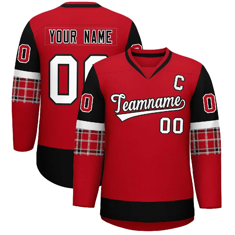 Sports And Leisure Custom Red Black-White Personalized Raglan Sleeves V-Neck Hockey Jersey Sports And Leisure Custom Red Black-White Personalized Raglan Sleeves V-Neck Hockey Jersey