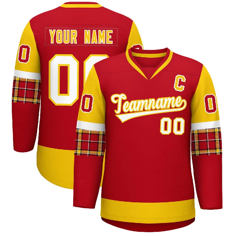Exquisite Craftsmanship Custom Red Gold-White Personalized Raglan Sleeves V-Neck Hockey Jersey Exquisite Craftsmanship Custom Red Gold-White Personalized Raglan Sleeves V-Neck Hockey Jersey
