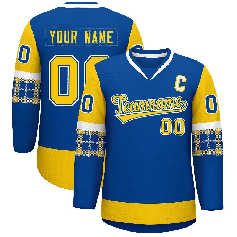Comfortable Tops Custom Royal Gold-White Personalized Raglan Sleeves V-Neck Hockey Jersey