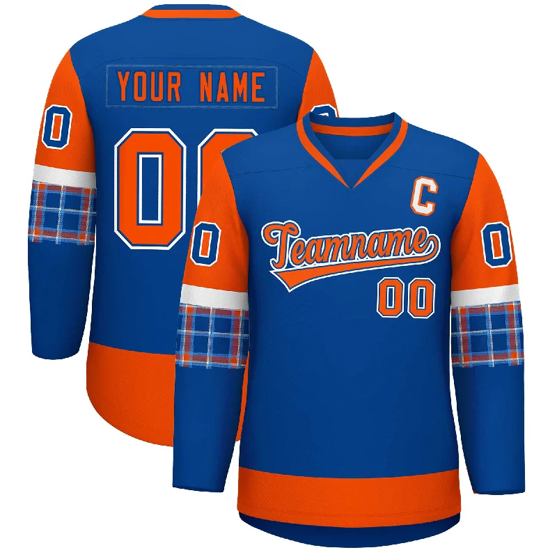 Soft Clothing Custom Royal Orange-White Personalized Raglan Sleeves V-Neck Hockey Jersey Soft Clothing Custom Royal Orange-White Personalized Raglan Sleeves V-Neck Hockey Jersey