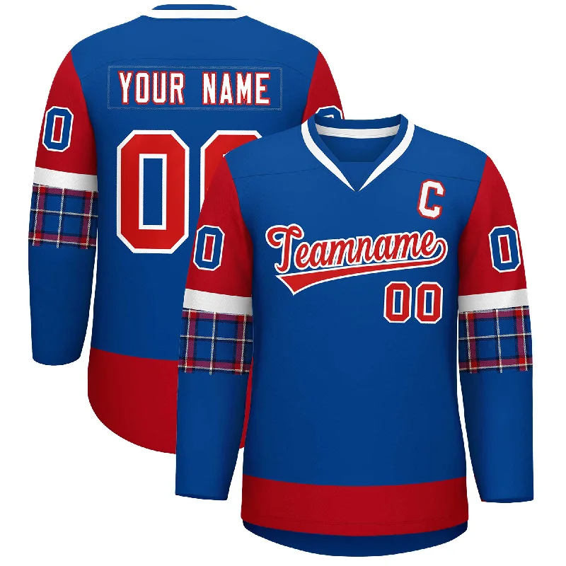 Casual Comfort Custom Royal Red-White Personalized Raglan Sleeves V-Neck Hockey Jersey Casual Comfort Custom Royal Red-White Personalized Raglan Sleeves V-Neck Hockey Jersey
