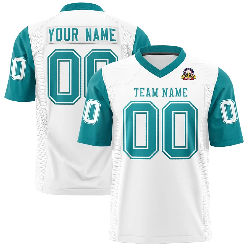 Relaxed Tops Custom White Aqua Personalized Raglan Sleeves Design Authentic Football Jersey Relaxed Tops Custom White Aqua Personalized Raglan Sleeves Design Authentic Football Jersey