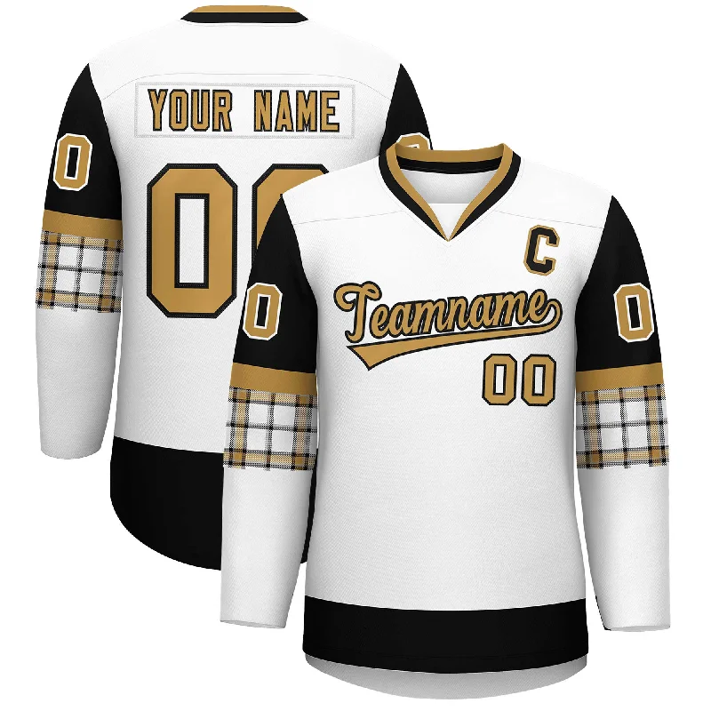 Comfortable Lounge Wear Custom White Black-Old Gold Personalized Raglan Sleeves V-Neck Hockey Jersey Comfortable Lounge Wear Custom White Black-Old Gold Personalized Raglan Sleeves V-Neck Hockey Jersey
