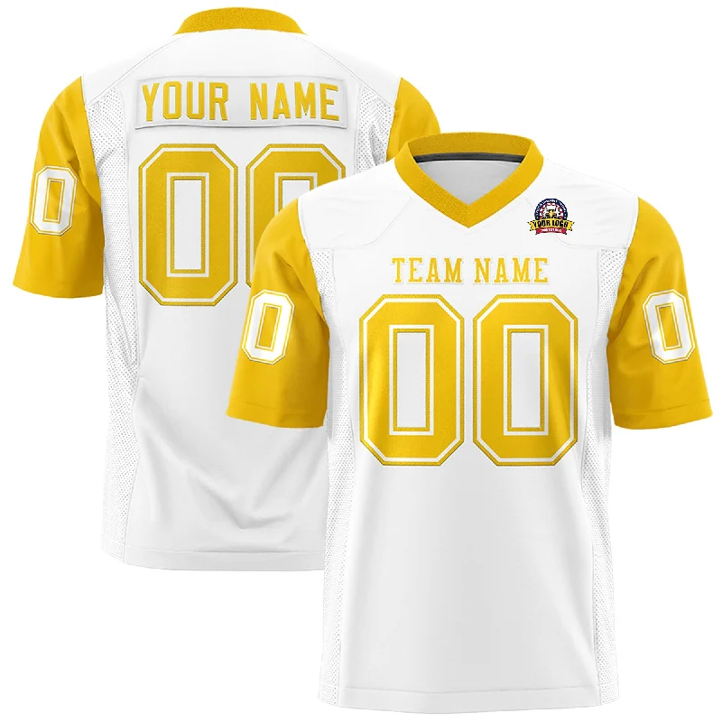 Cozy Footwear Custom White Gold Personalized Raglan Sleeves Design Authentic Football Jersey Cozy Footwear Custom White Gold Personalized Raglan Sleeves Design Authentic Football Jersey
