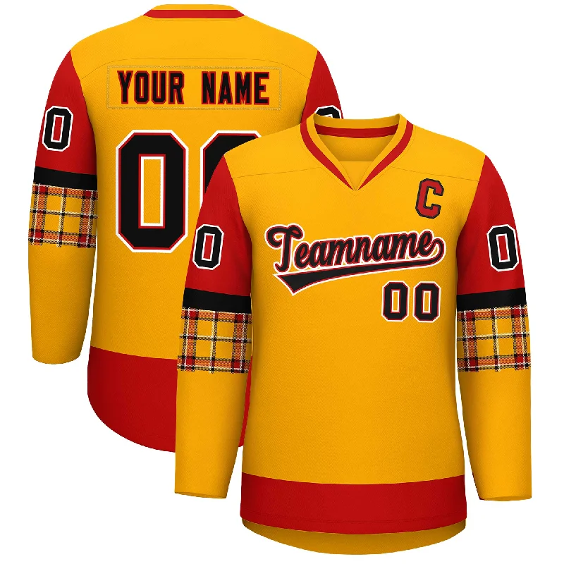 Comfy Chic Wear Custom Yellow Red-Black Personalized Raglan Sleeves V-Neck Hockey Jersey Comfy Chic Wear Custom Yellow Red-Black Personalized Raglan Sleeves V-Neck Hockey Jersey