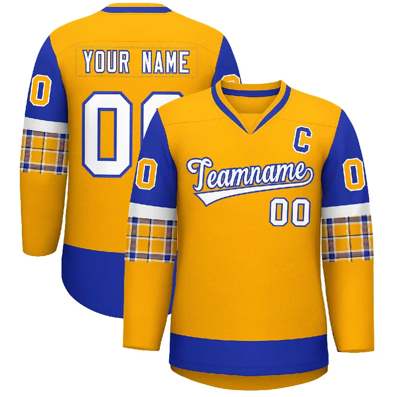 Comfortable Chic Custom Yellow Royal-White Personalized Raglan Sleeves V-Neck Hockey Jersey Comfortable Chic Custom Yellow Royal-White Personalized Raglan Sleeves V-Neck Hockey Jersey