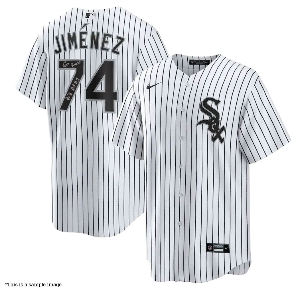 Energy Plan Eloy Jimenez Autographed Chicago White Sox Nike Home White Replica Jersey with "Big Baby" Inscription Energy Plan Eloy Jimenez Autographed Chicago White Sox Nike Home White Replica Jersey with "Big Baby" Inscription