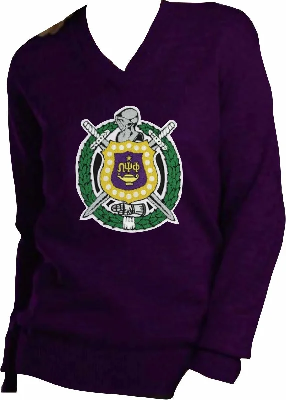 French Style Omega Chenille Crest V-Neck Sweater