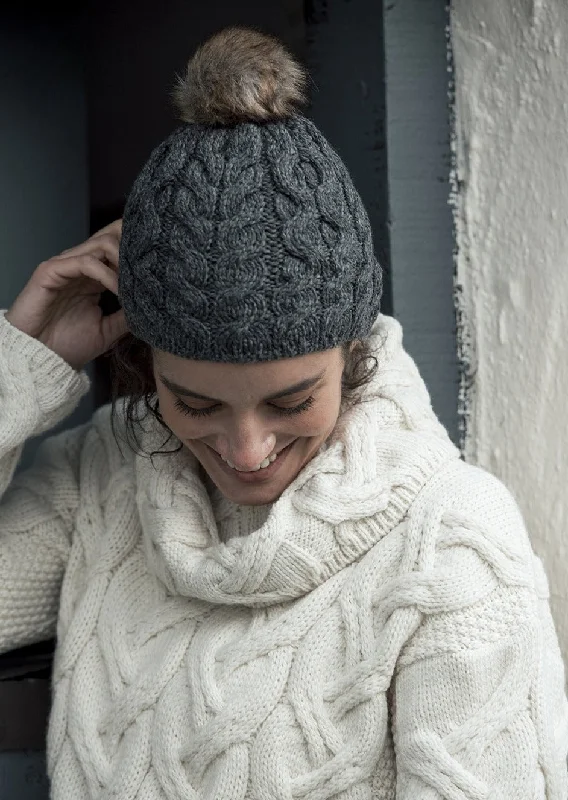 Unique Prints Aran Bobble Hat | Charcoal