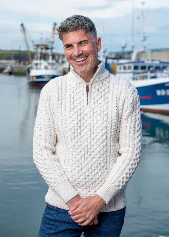 Modern Chic Aran Merino Wool Natural Half Zip Sweater