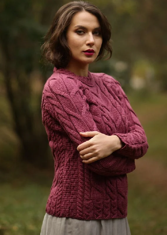 Classic Design Listowel Ladies Aran Cabled Sweater | Raspberry
