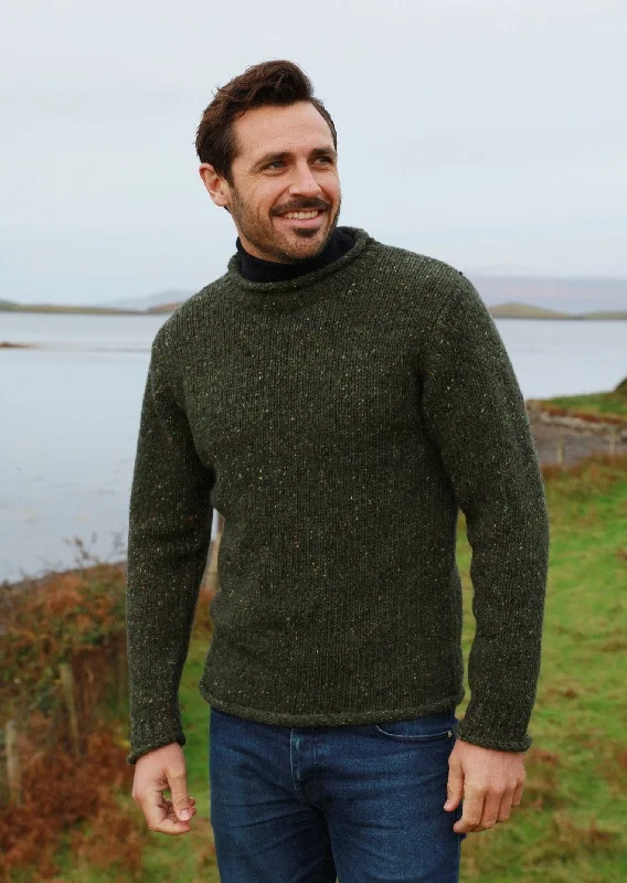 Simple Chic Raheen Tweed Roll Neck Mens Sweater | Green