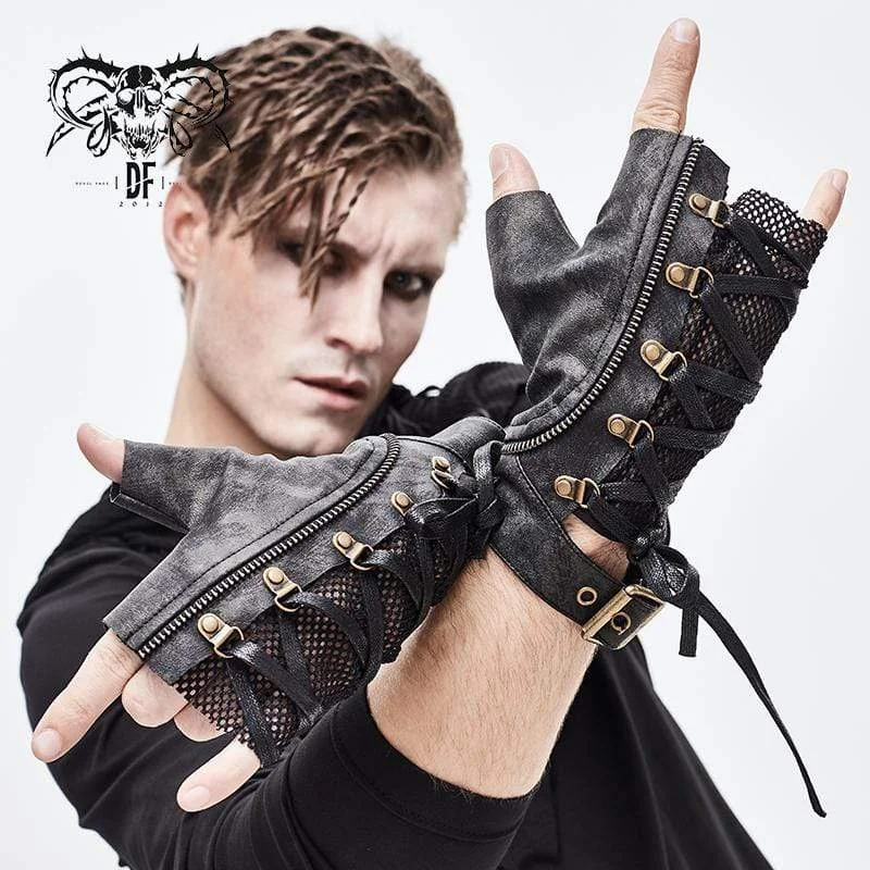 Soft Wear Men's Punk Lace-up Mesh Faux Leather Half Gloves
