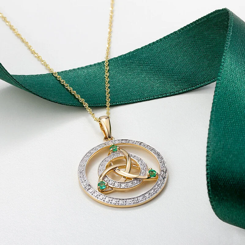 Smart Comfort 14k White Yellow Gold Diamond Emerald Celtic Pendant
