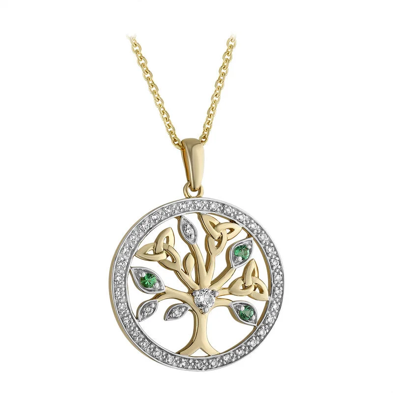 Soft Textures 14K White And Yellow Gold Diamond And Emerald Tree Of Life Pendant
