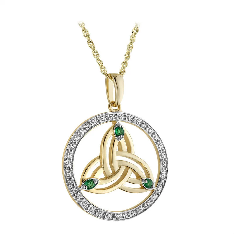 All-Day Comfort 14k White Yellow Gold Diamond Emerald Trinity Pendant