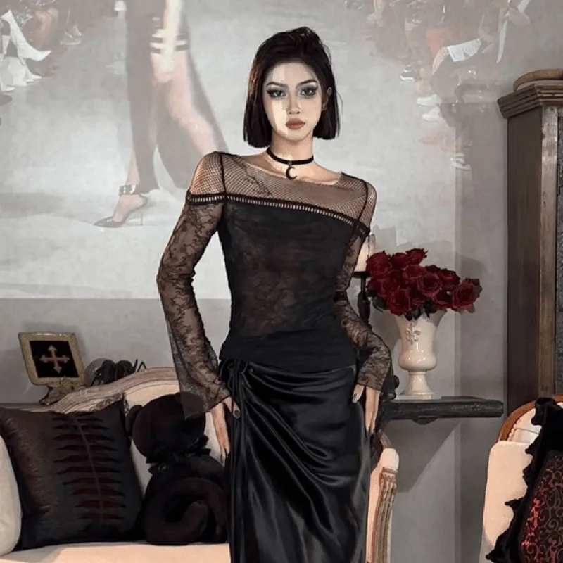 Fashion Must-have Women's Gothic Flared Sleeved Mesh Splice Lace Shirt