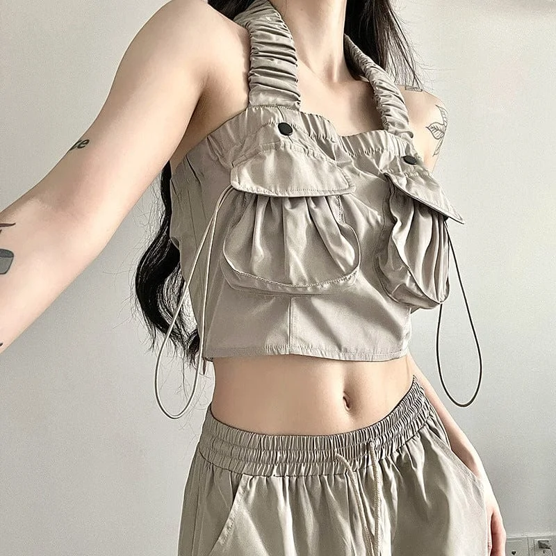 American Style Women's Grunge Big-pocket Drawstring Halterneck Tank Top