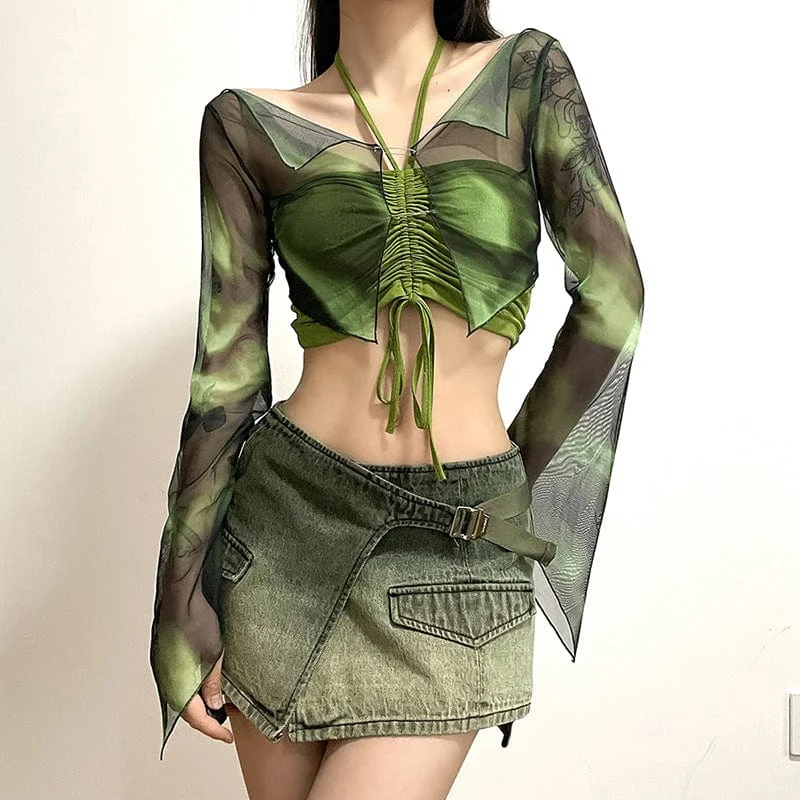 Bright Colors Women's Grunge Drawstring Halterneck Crop Top with Mesh Top