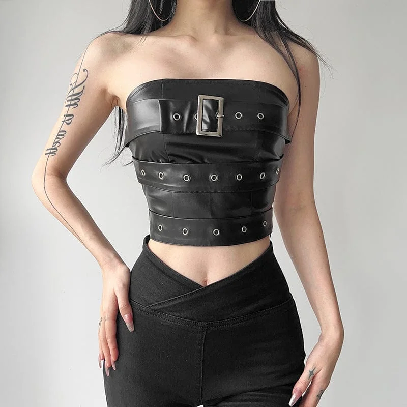 College Style Women's Punk Buckle Faux Leather Bustier