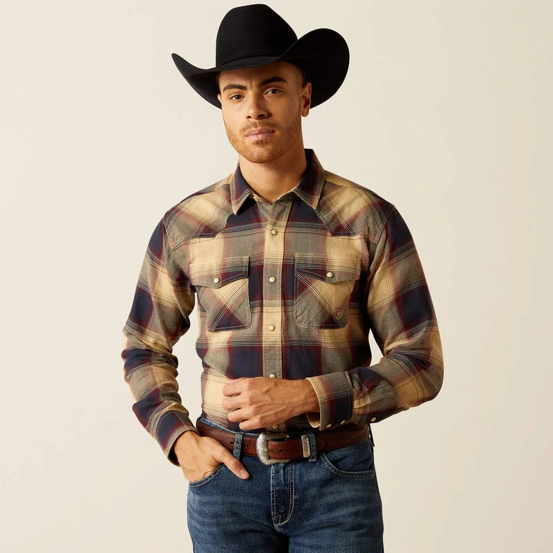 Embroidered Letters Ariat Men's Hale Retro Fit Western Snap Shirt  in Pale Khaki