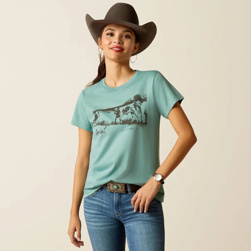 Noble And Elegant Ariat Women's Ranchin' Graphic T-Shirt in Ocean Blue Heather (Available in Regular and Plus Sizes)