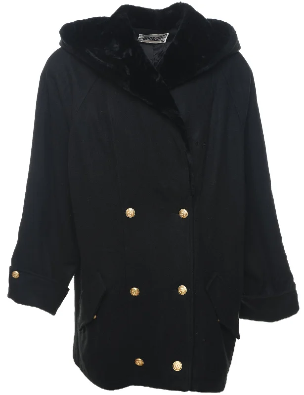 Slightly Flared Design Hooded Faux Fur Trim Black Classic Wool Coat - XL