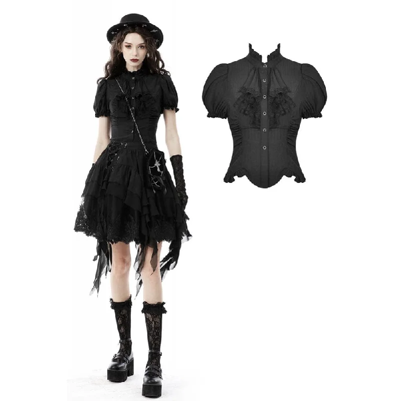 Simple Matching Women's Gothic Ruffles Short Puff Sleeved Shirt Black