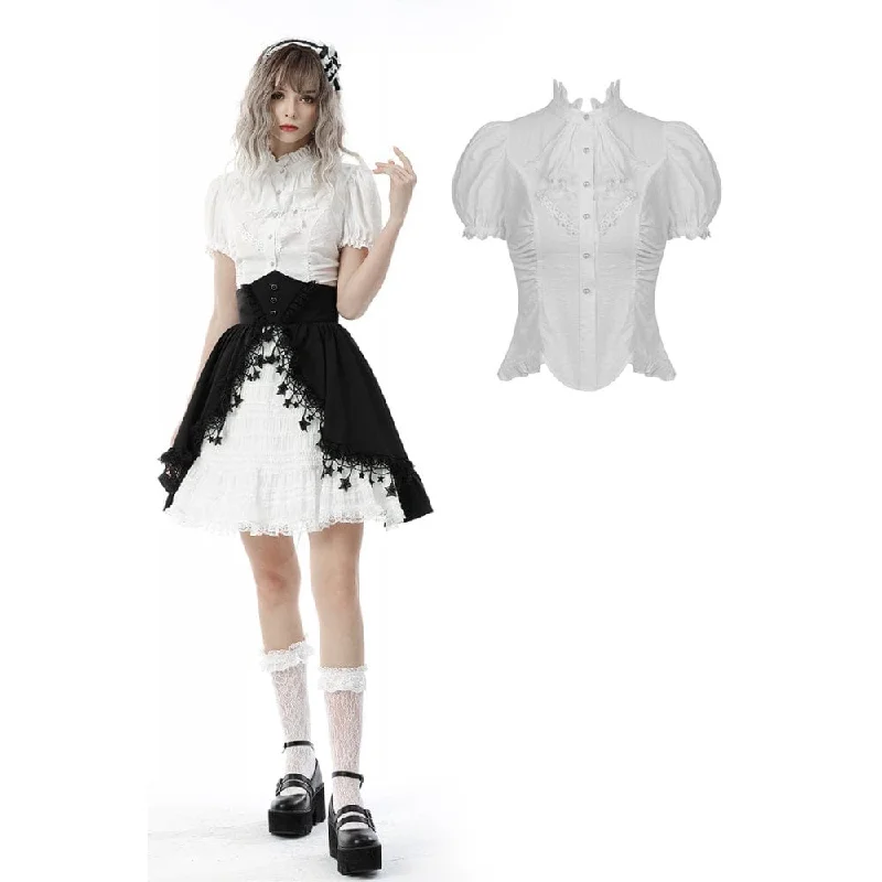 Classic Retro Women's Gothic Ruffles Short Puff Sleeved Shirt White