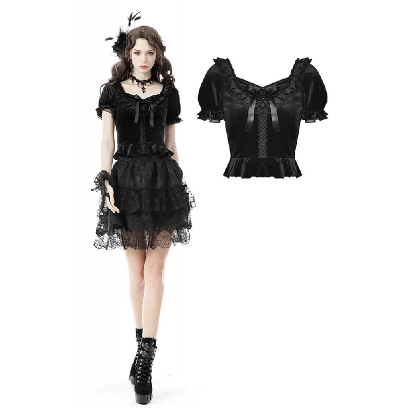 Luxury Temperament Women's Gothic Square Collar Short Puff Sleeved Velet Top