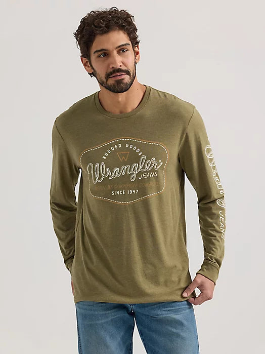 Spring Fashion Wrangler Men's L/S Rope Arm Logo Graphic T-Shirt in Burnt Olive Heather