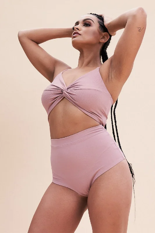 Chic Lounge Lunalae High Waist Shorts - Ribbed Blush Taupe