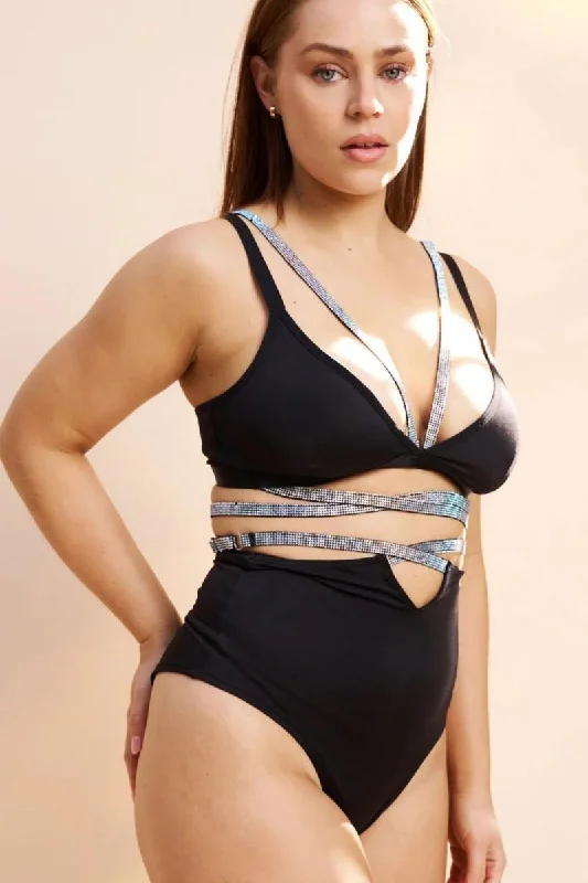 Comfortable Mind Lunalae Riley Diamante High Waist Bottoms - Black